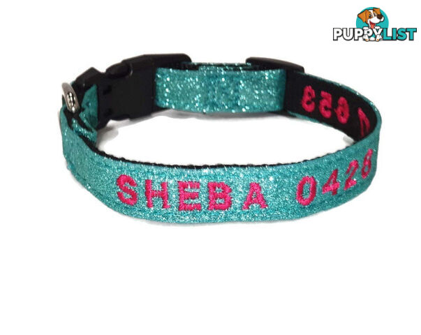 Doggie ID Collar - Bling Glitter Overlay Nylon Collar, Embroidered Personised Custom. - GC-DIC-BLING-M-GRN