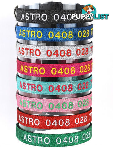 Doggie ID Collar - Bling Glitter Overlay Nylon Collar, Embroidered Personised Custom. - GC-DIC-BLING-M-GRN