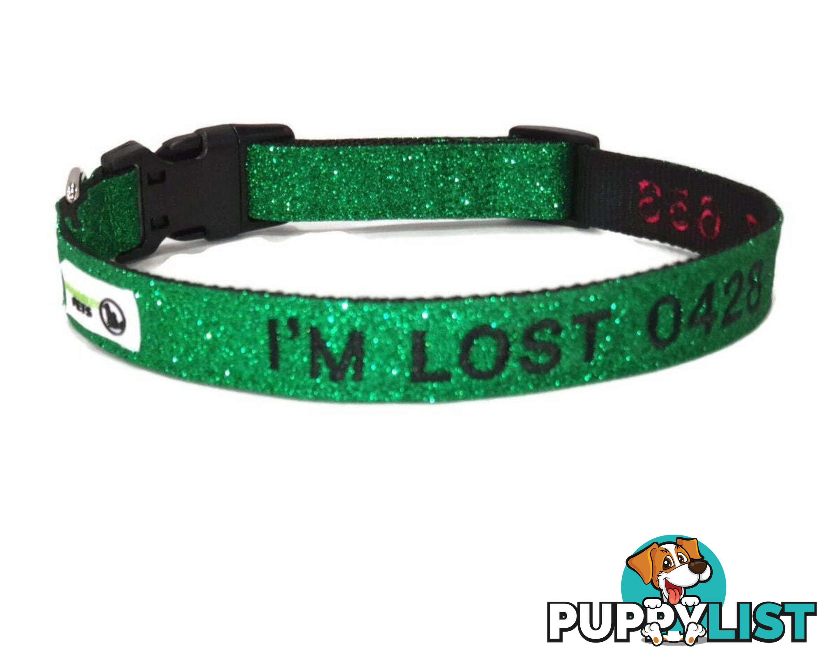 Doggie ID Collar - Bling Glitter Overlay Nylon Collar, Embroidered Personised Custom. - GC-DIC-BLING-S-TUR