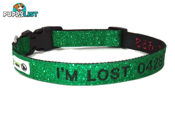 Doggie ID Collar - Bling Glitter Overlay Nylon Collar, Embroidered Personised Custom. - GC-DIC-BLING-S-TUR