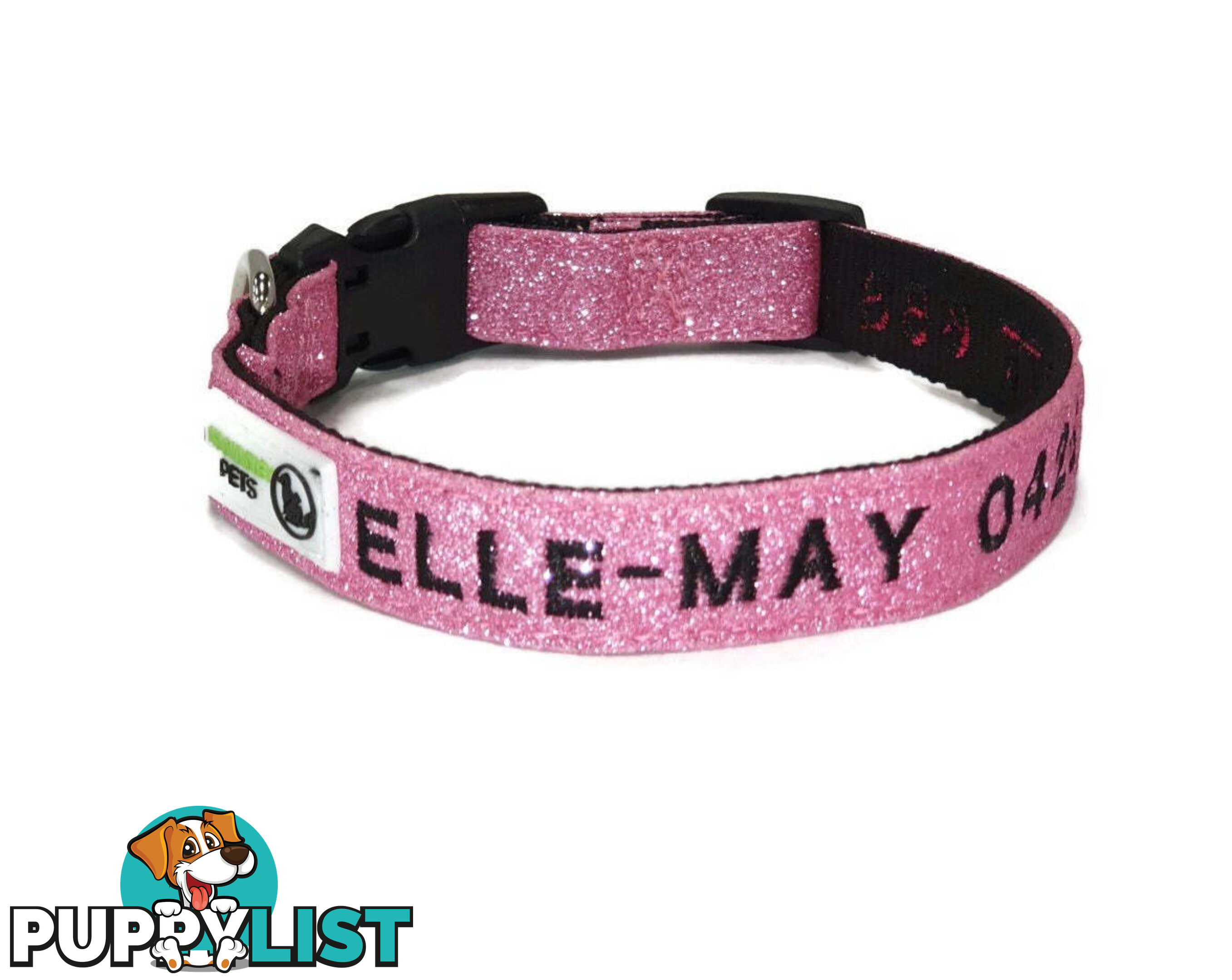 Doggie ID Collar - Bling Glitter Overlay Nylon Collar, Embroidered Personised Custom. - GC-DIC-BLING-S-TUR