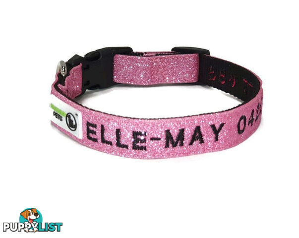 Doggie ID Collar - Bling Glitter Overlay Nylon Collar, Embroidered Personised Custom. - GC-DIC-BLING-S-TUR