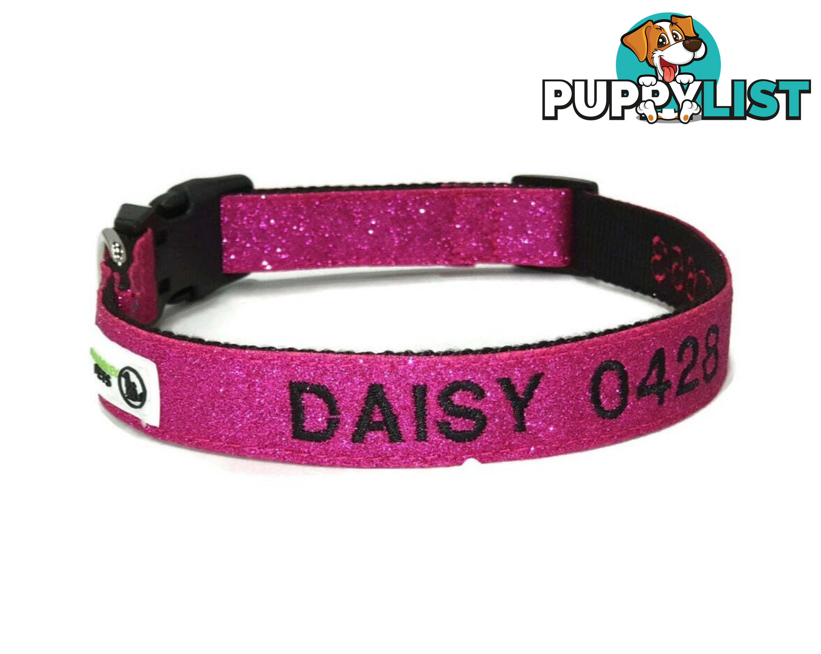 Doggie ID Collar - Bling Glitter Overlay Nylon Collar, Embroidered Personised Custom. - GC-DIC-BLING-S-TUR