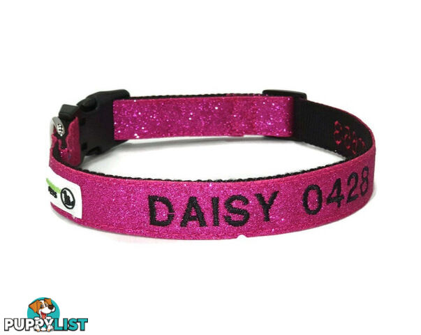Doggie ID Collar - Bling Glitter Overlay Nylon Collar, Embroidered Personised Custom. - GC-DIC-BLING-S-TUR
