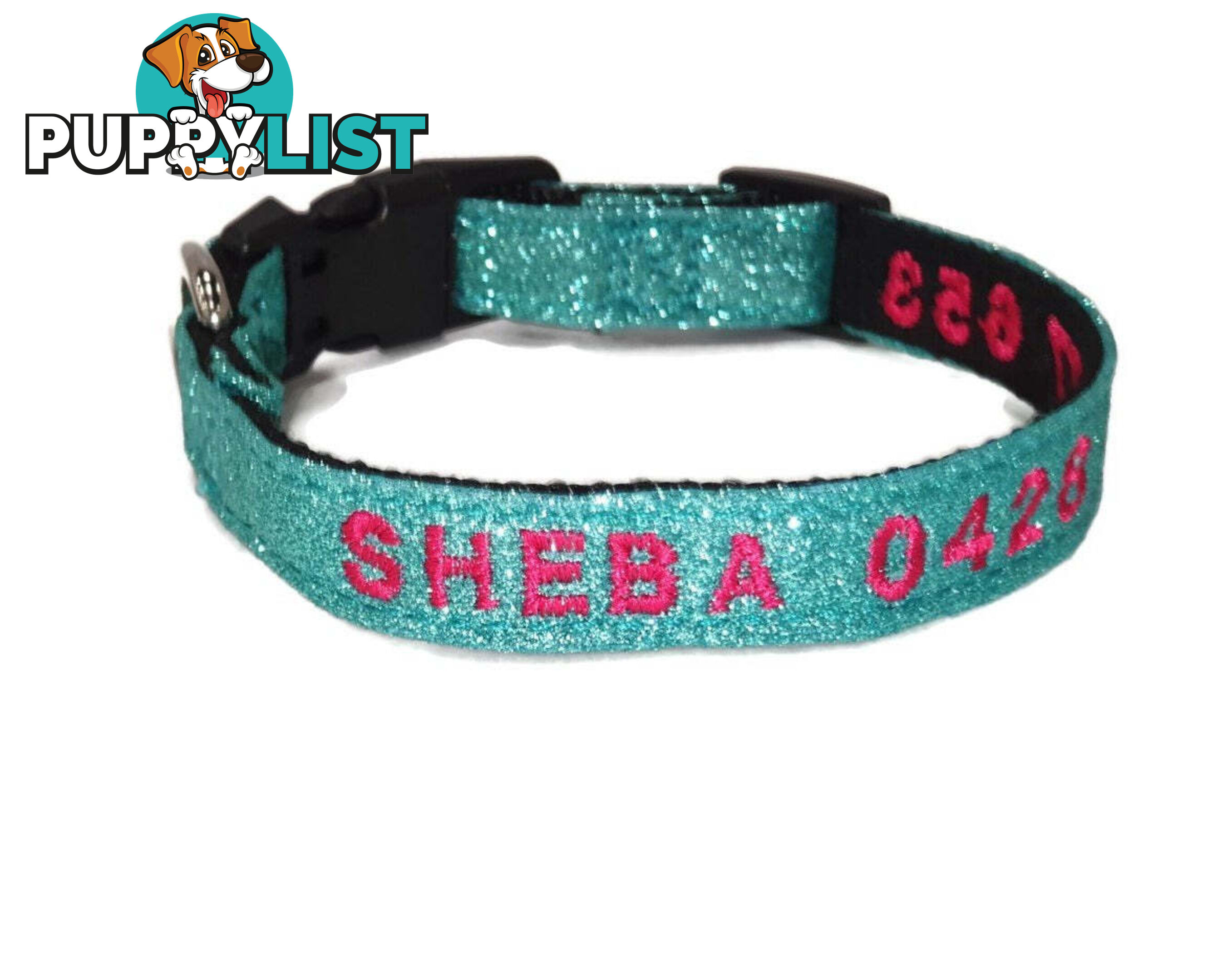 Doggie ID Collar - Bling Glitter Overlay Nylon Collar, Embroidered Personised Custom. - GC-DIC-BLING-S-TUR