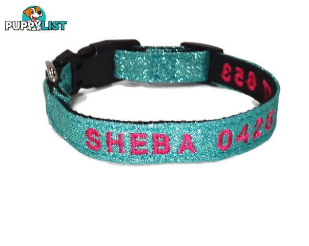 Doggie ID Collar - Bling Glitter Overlay Nylon Collar, Embroidered Personised Custom. - GC-DIC-BLING-S-TUR