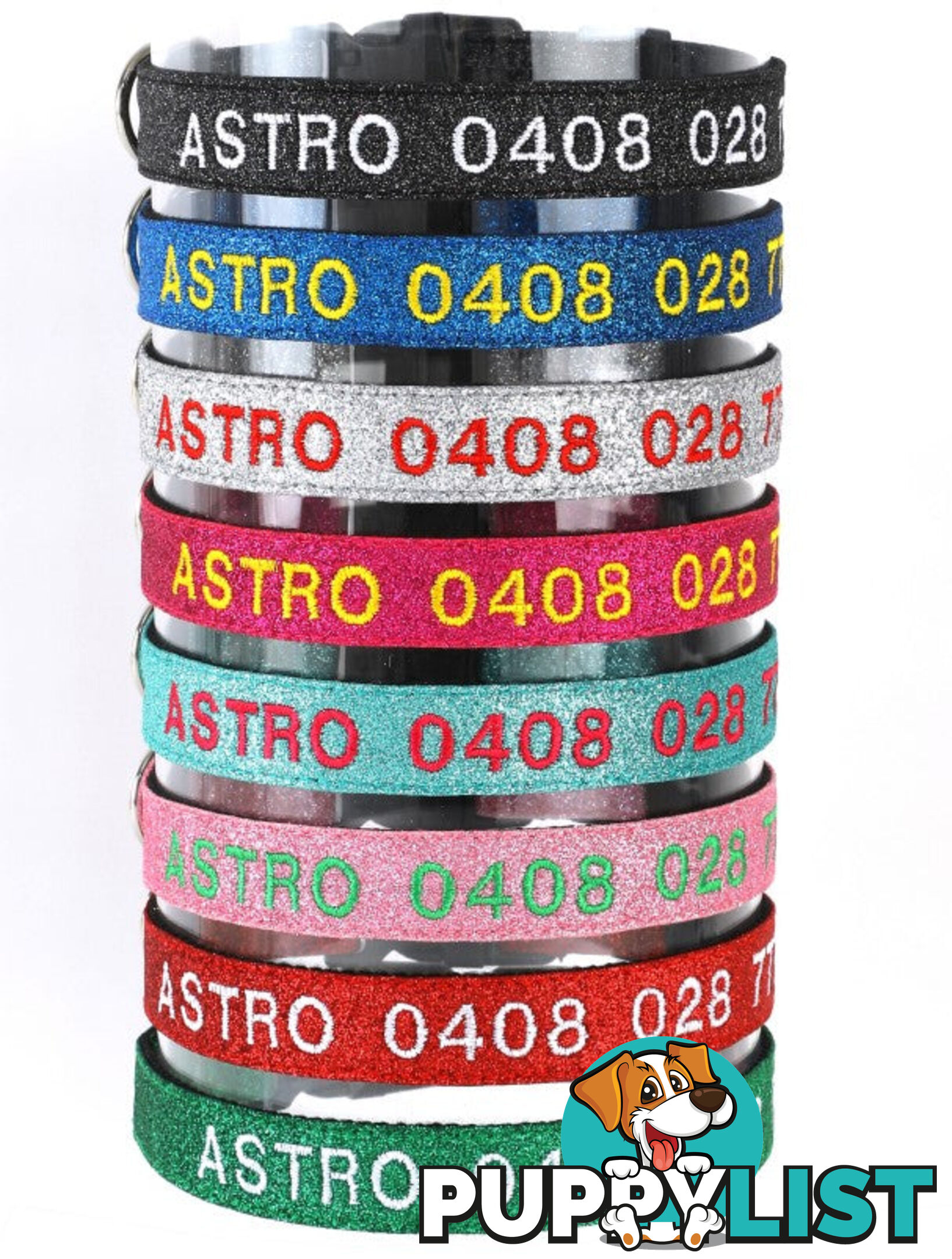 Doggie ID Collar - Bling Glitter Overlay Nylon Collar, Embroidered Personised Custom. - GC-DIC-BLING-S-TUR
