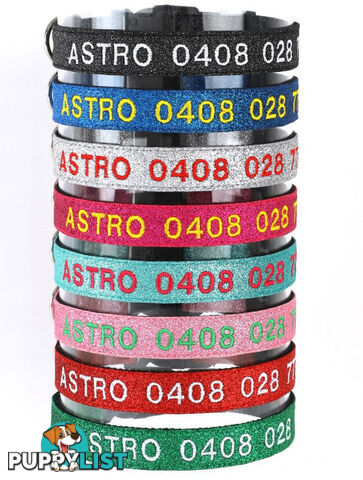 Doggie ID Collar - Bling Glitter Overlay Nylon Collar, Embroidered Personised Custom. - GC-DIC-BLING-S-TUR
