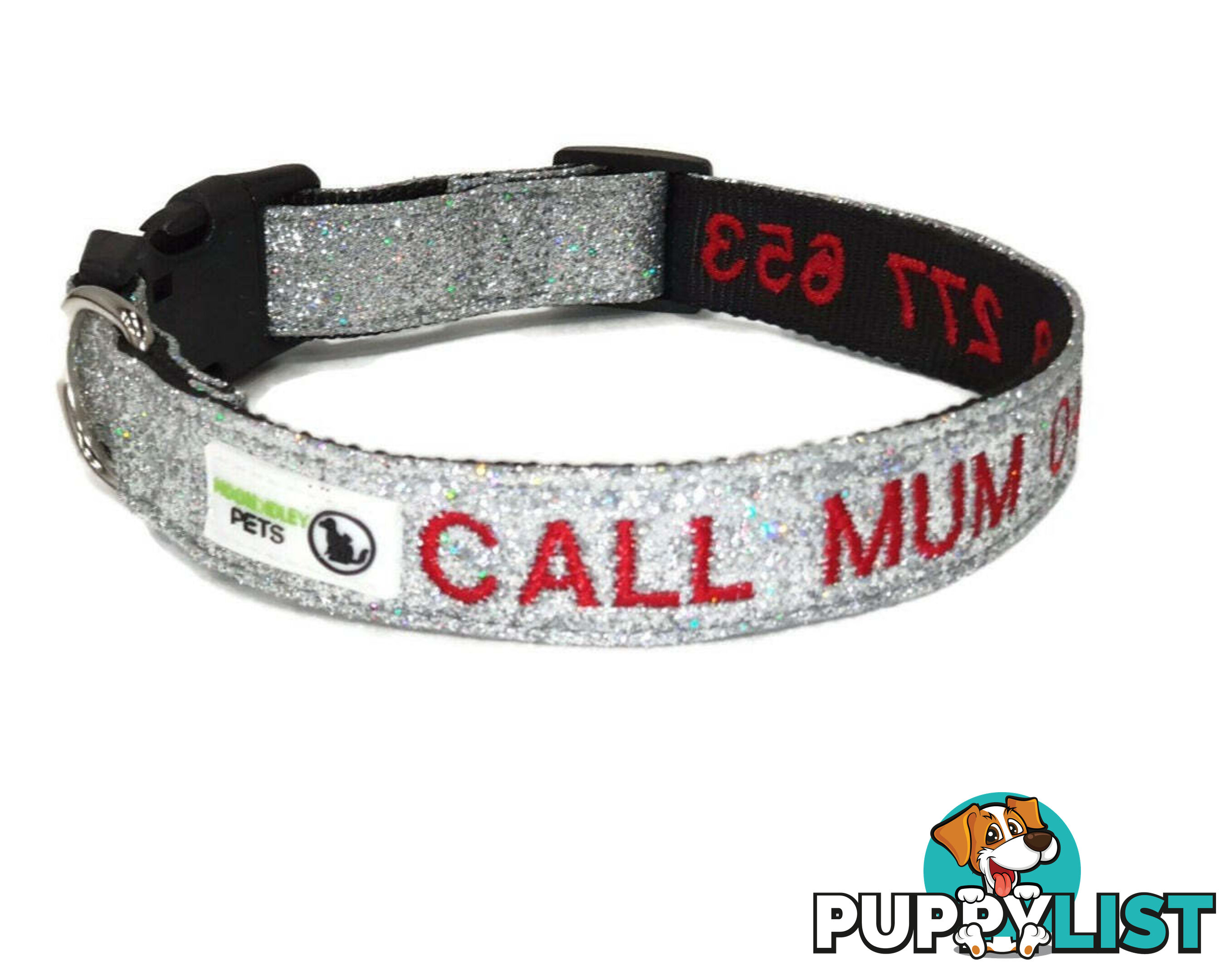 Doggie ID Collar - Bling Glitter Overlay Nylon Collar, Embroidered Personised Custom. - GC-DIC-BLING-S-TUR