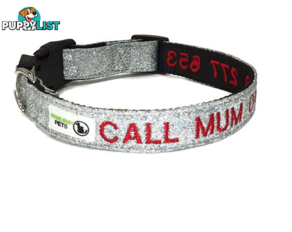 Doggie ID Collar - Bling Glitter Overlay Nylon Collar, Embroidered Personised Custom. - GC-DIC-BLING-S-TUR