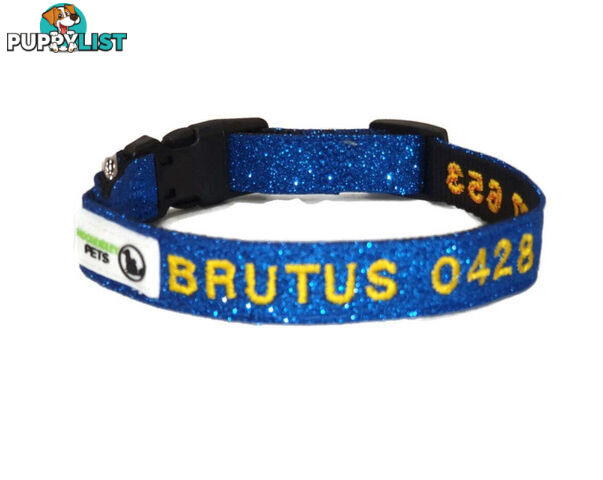 Doggie ID Collar - Bling Glitter Overlay Nylon Collar, Embroidered Personised Custom. - GC-DIC-BLING-S-TUR