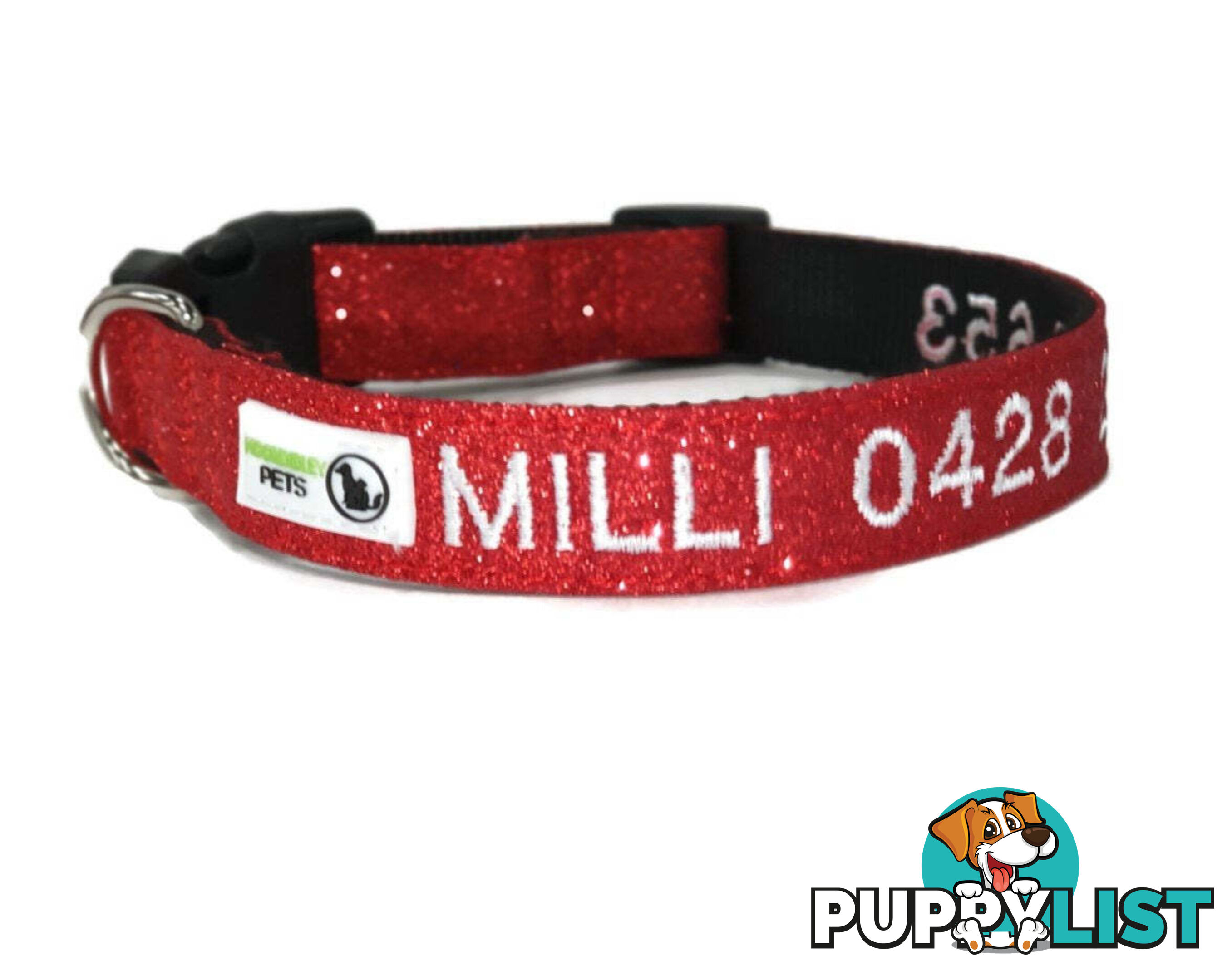 Doggie ID Collar - Bling Glitter Overlay Nylon Collar, Embroidered Personised Custom. - GC-DIC-BLING-S-TUR