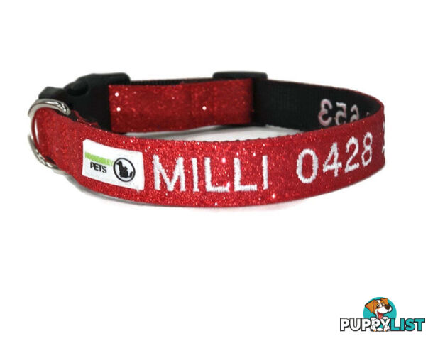 Doggie ID Collar - Bling Glitter Overlay Nylon Collar, Embroidered Personised Custom. - GC-DIC-BLING-S-TUR
