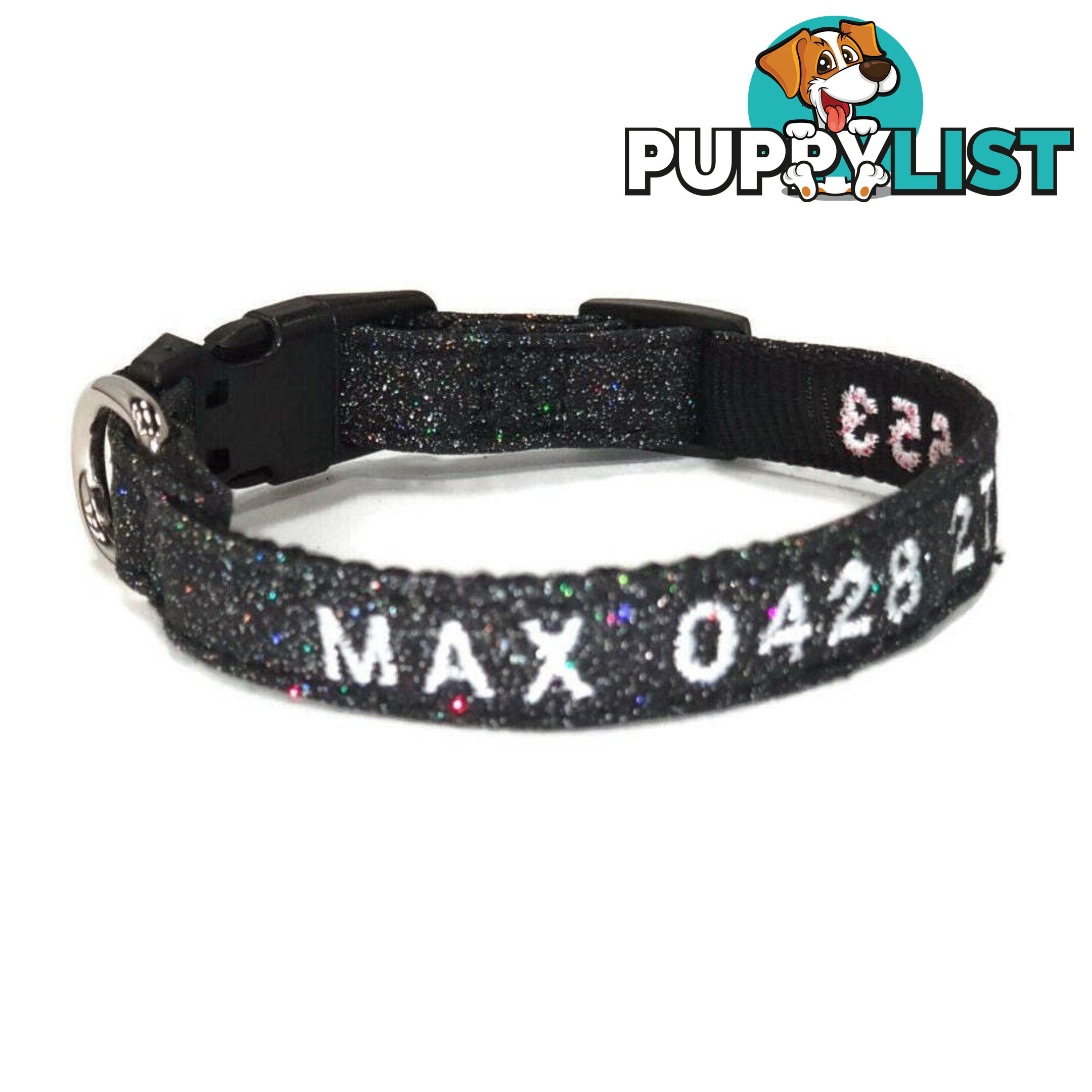 Doggie ID Collar - Bling Glitter Overlay Nylon Collar, Embroidered Personised Custom. - GC-DIC-BLING-S-TUR