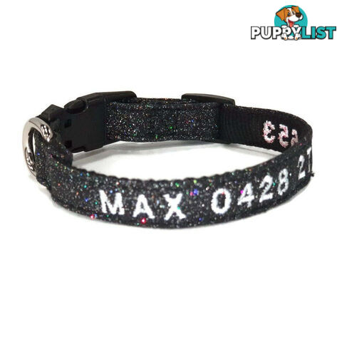 Doggie ID Collar - Bling Glitter Overlay Nylon Collar, Embroidered Personised Custom. - GC-DIC-BLING-S-TUR