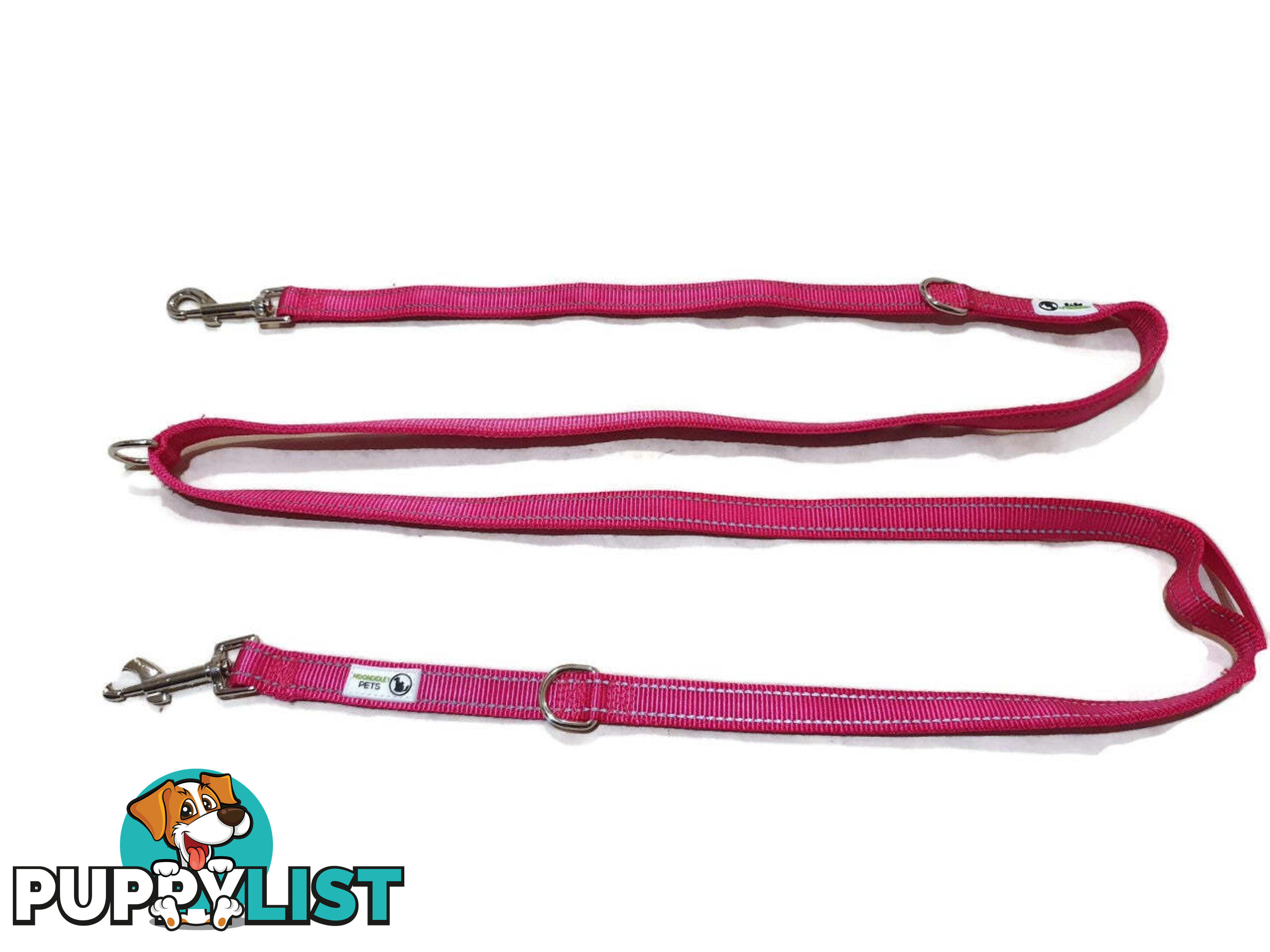 Multi Dog Lead - Nylon w/Reflective Stitching - Double Clip ,Coupler, Waist Belt, Short/Long, Quicktie Moondidley Pets - MDPLDMUL20PNK