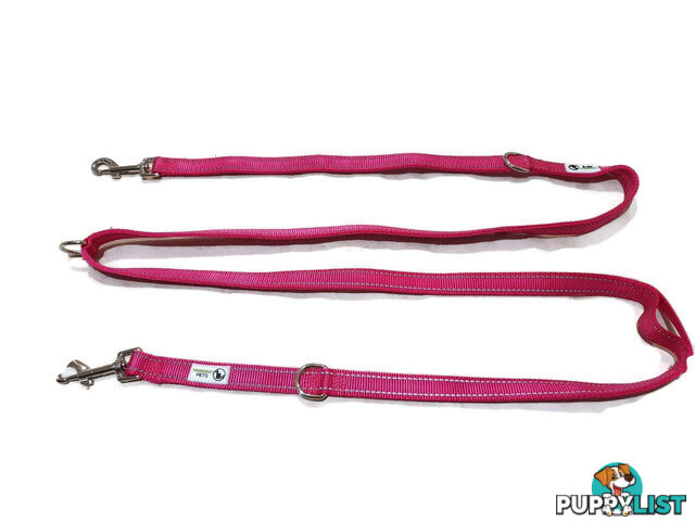 Multi Dog Lead - Nylon w/Reflective Stitching - Double Clip ,Coupler, Waist Belt, Short/Long, Quicktie Moondidley Pets - MDPLDMUL20PNK
