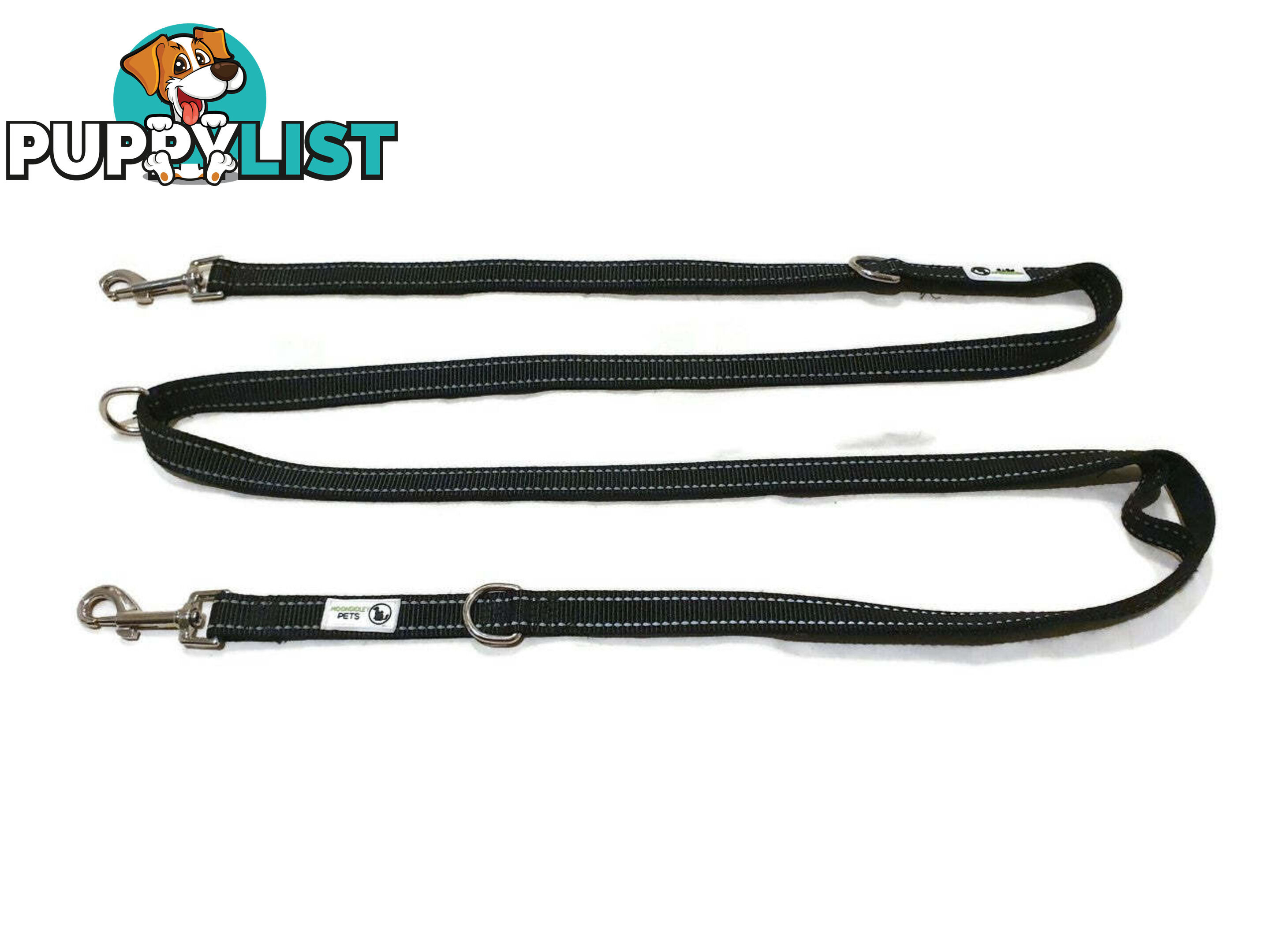 Multi Dog Lead - Nylon w/Reflective Stitching - Double Clip ,Coupler, Waist Belt, Short/Long, Quicktie Moondidley Pets - MDPLDMUL20PNK