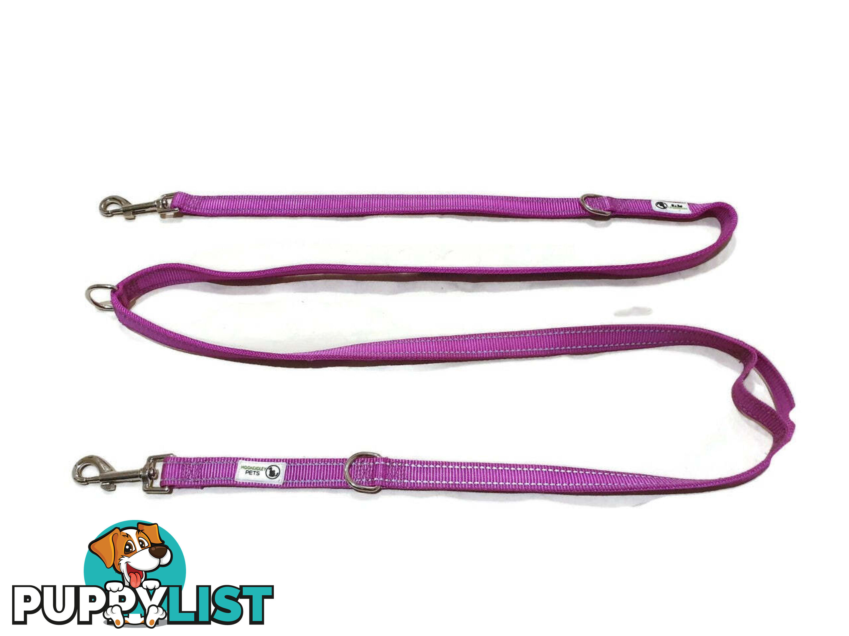 Multi Dog Lead - Nylon w/Reflective Stitching - Double Clip ,Coupler, Waist Belt, Short/Long, Quicktie Moondidley Pets - MDPLDMUL20PNK