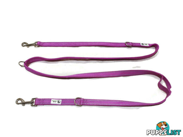 Multi Dog Lead - Nylon w/Reflective Stitching - Double Clip ,Coupler, Waist Belt, Short/Long, Quicktie Moondidley Pets - MDPLDMUL20PNK