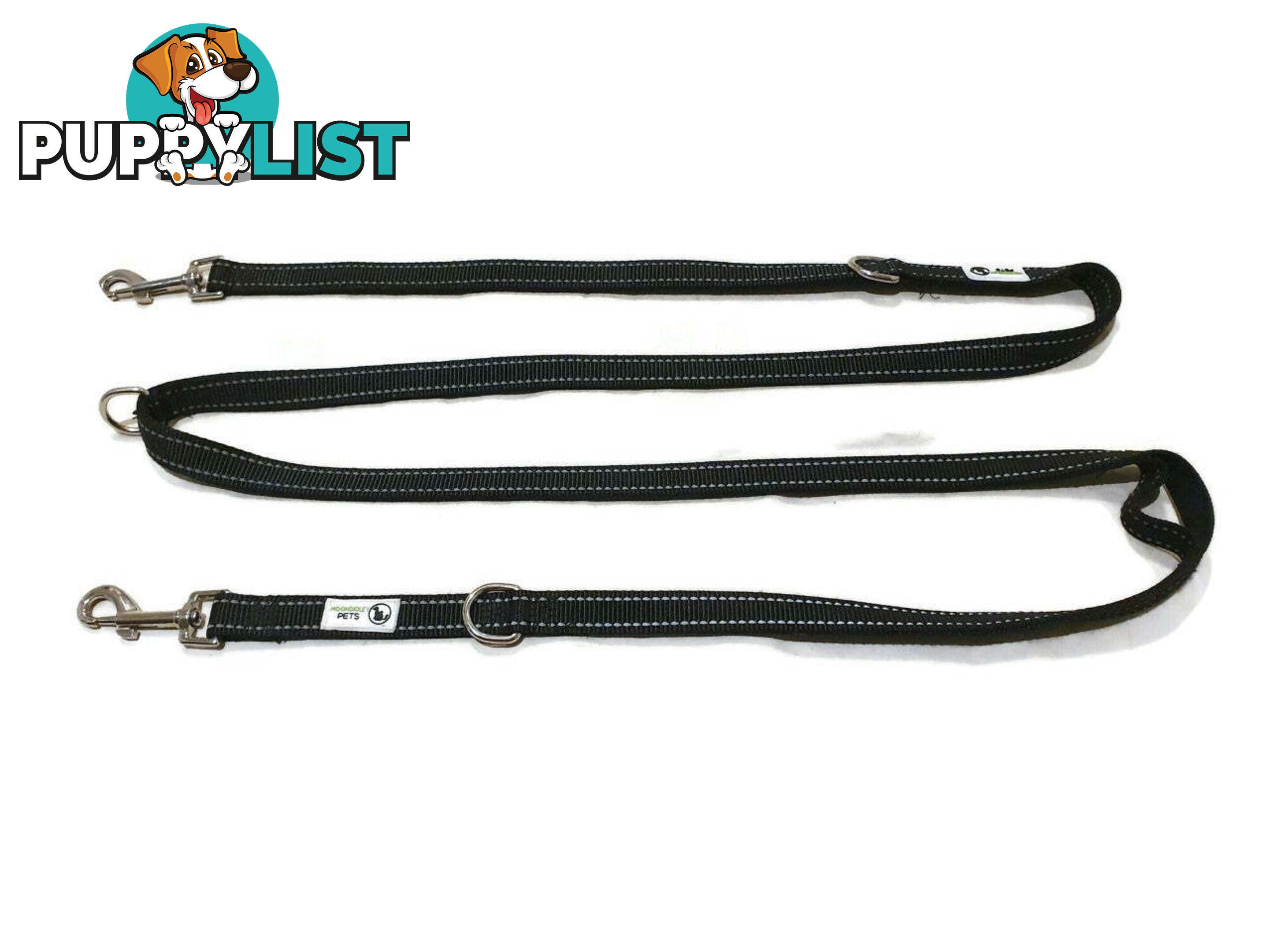 Multi Dog Lead - Nylon w/Reflective Stitching - Double Clip ,Coupler, Waist Belt, Short/Long, Quicktie Moondidley Pets - MDPLDMUL25BLK