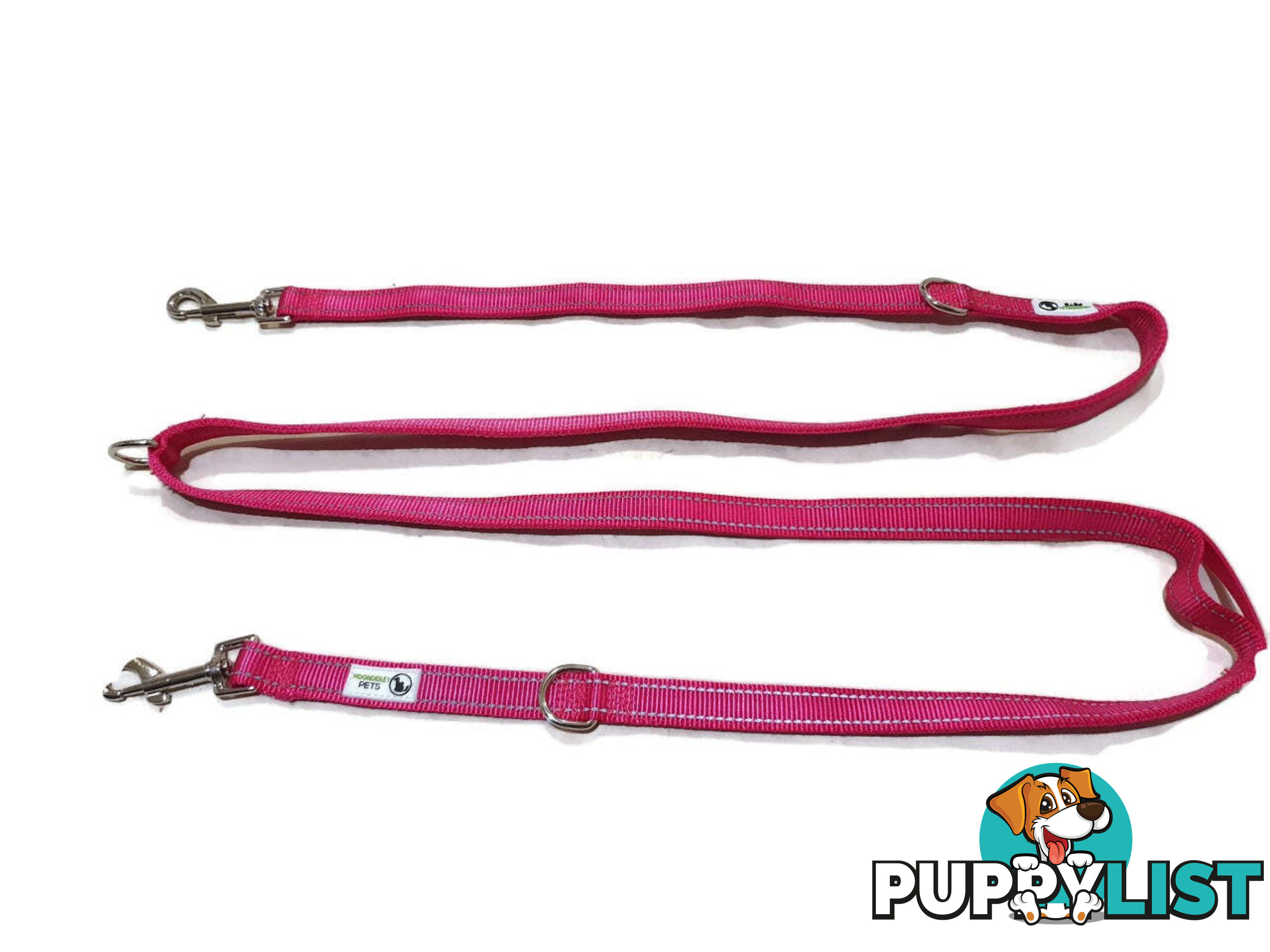 Multi Dog Lead - Nylon w/Reflective Stitching - Double Clip ,Coupler, Waist Belt, Short/Long, Quicktie Moondidley Pets - MDPLDMUL25BLK