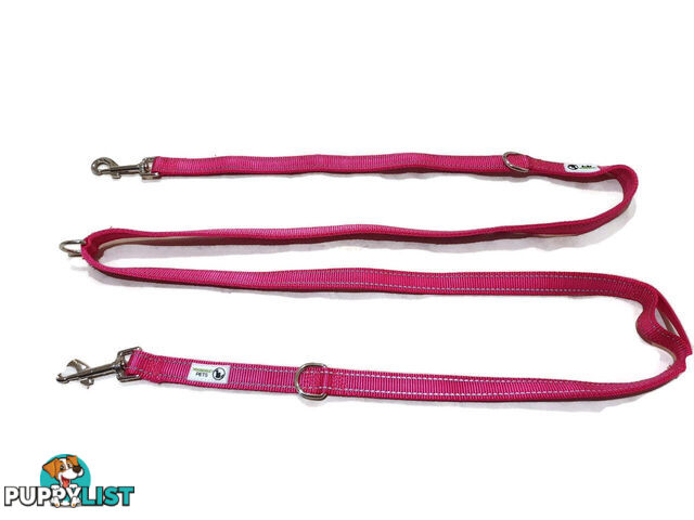 Multi Dog Lead - Nylon w/Reflective Stitching - Double Clip ,Coupler, Waist Belt, Short/Long, Quicktie Moondidley Pets - MDPLDMUL25BLK