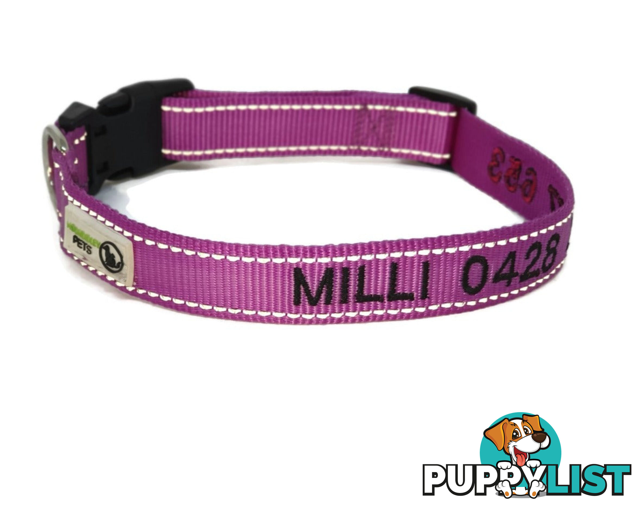 Doggie ID Collar Nylon w/Reflective Stitching Embroidered Personalised Custom. - GC-DIC-031-L-PNK