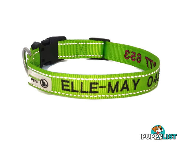 Doggie ID Collar Nylon w/Reflective Stitching Embroidered Personalised Custom. - GC-DIC-031-L-PNK