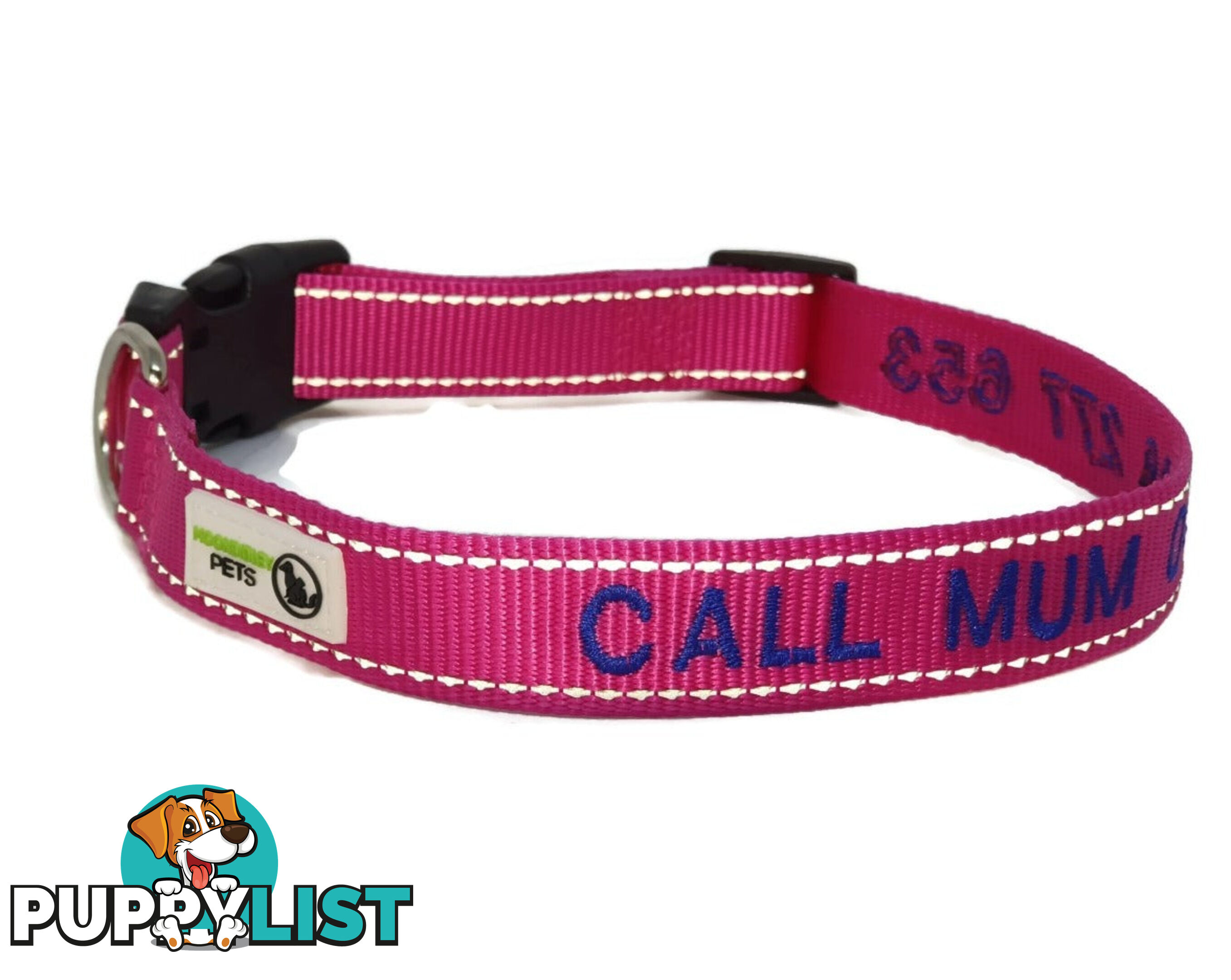 Doggie ID Collar Nylon w/Reflective Stitching Embroidered Personalised Custom. - GC-DIC-031-L-PNK