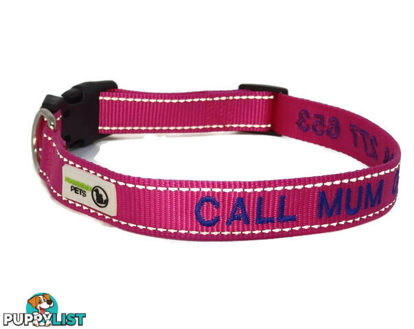 Doggie ID Collar Nylon w/Reflective Stitching Embroidered Personalised Custom. - GC-DIC-031-L-PNK
