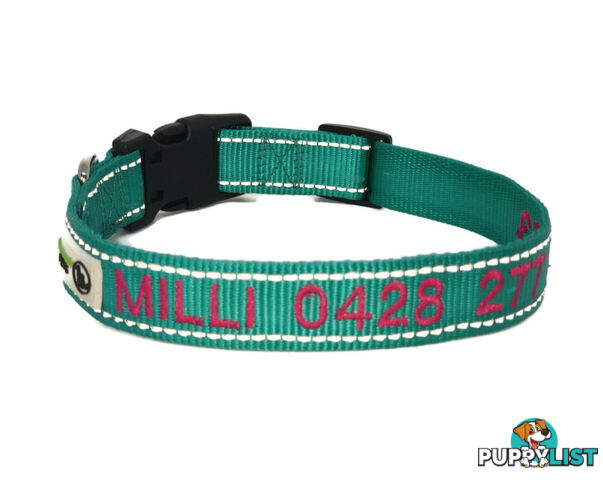 Doggie ID Collar Nylon w/Reflective Stitching Embroidered Personalised Custom. - GC-DIC-031-L-PNK