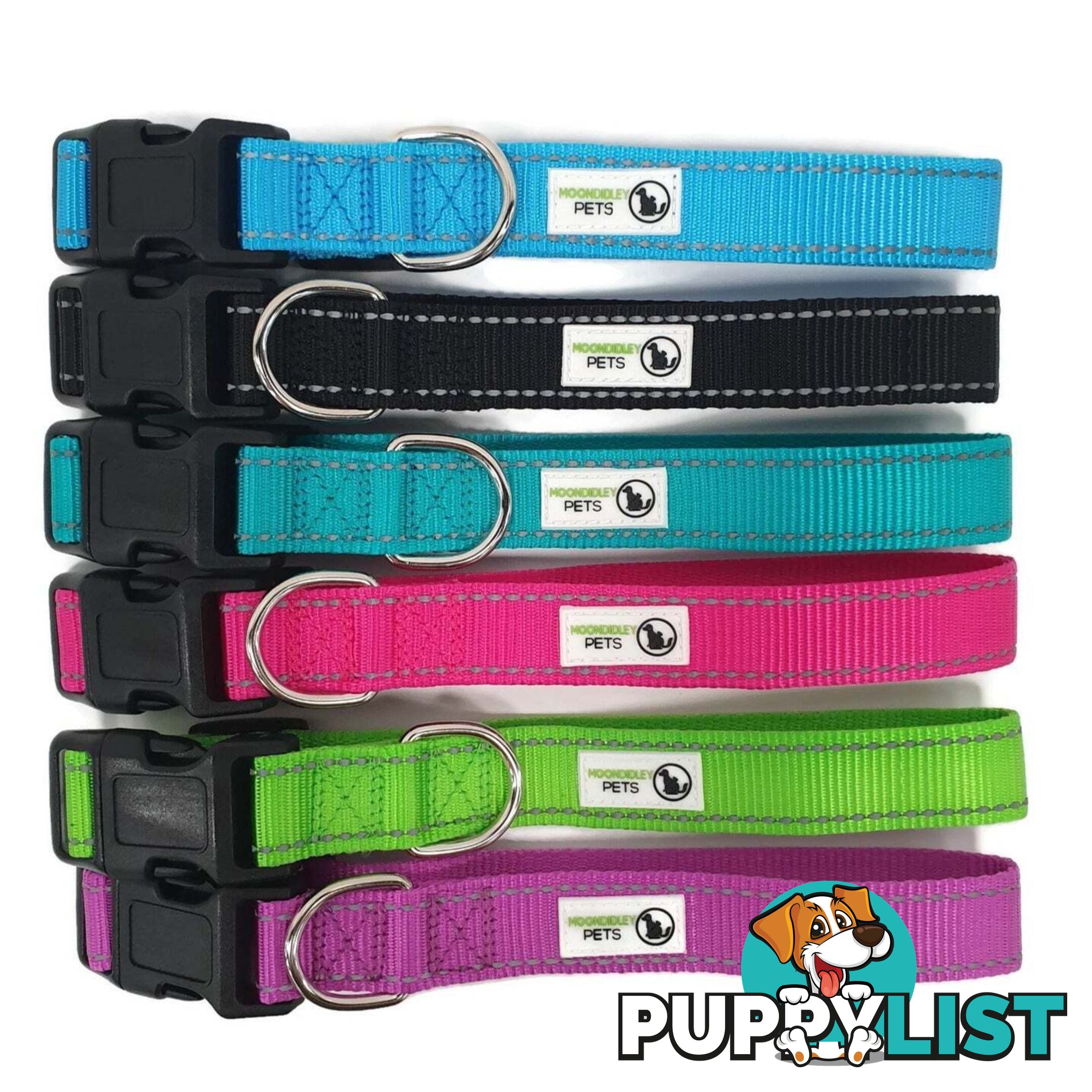 Nylon w/Reflective Stitching Dog Collar - Moondidley Pets - MDPCOLREFMBLK