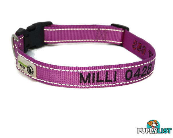 Doggie ID Collar Nylon w/Reflective Stitching Embroidered Personalised Custom. - GC-DIC-031-XS-PUR