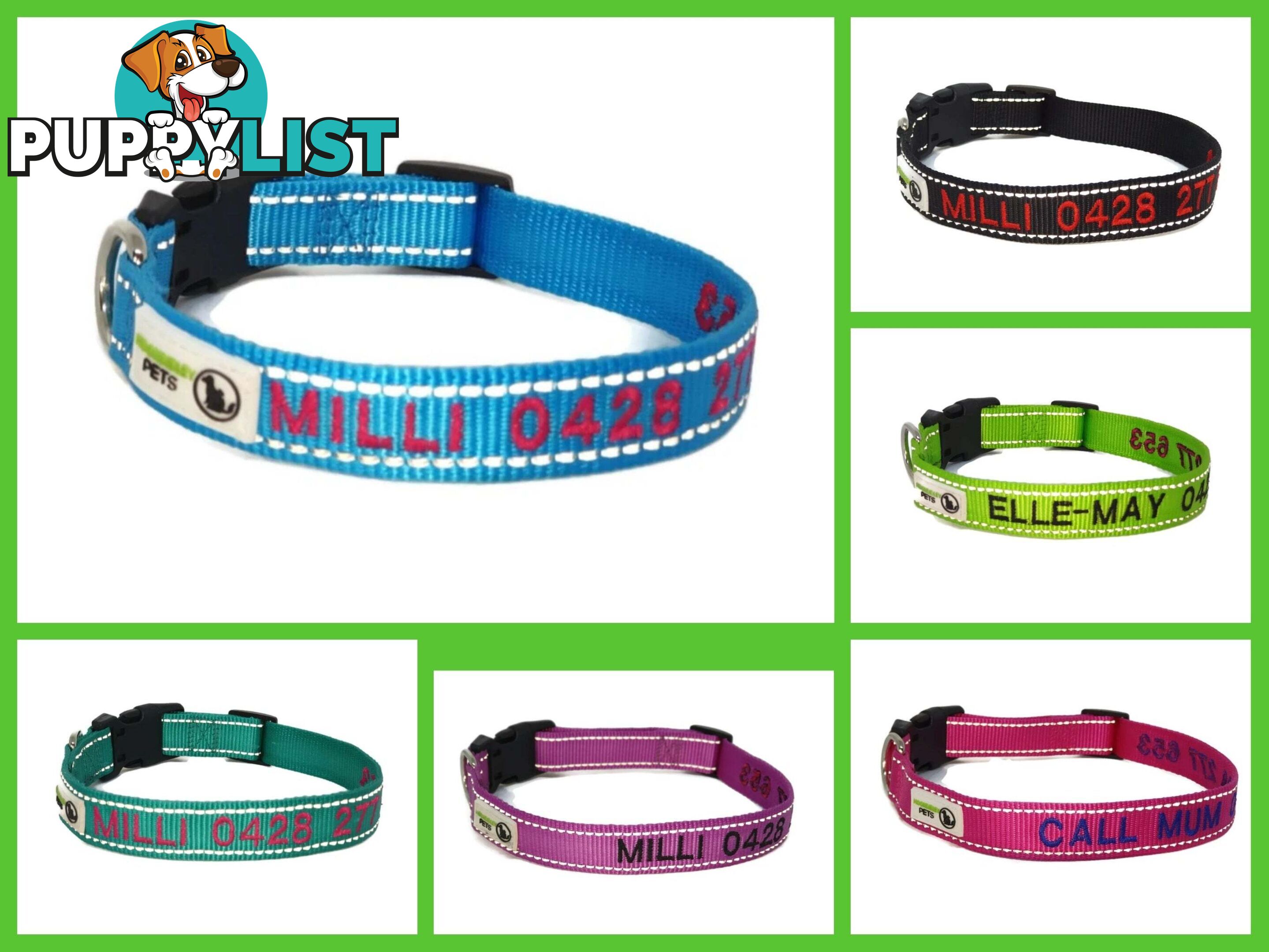 Doggie ID Collar Nylon w/Reflective Stitching Embroidered Personalised Custom. - GC-DIC-031-XS-PUR