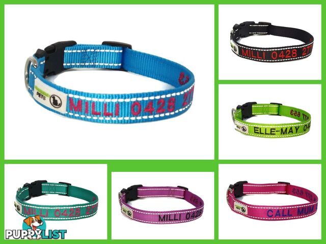 Doggie ID Collar Nylon w/Reflective Stitching Embroidered Personalised Custom. - GC-DIC-031-XS-PUR