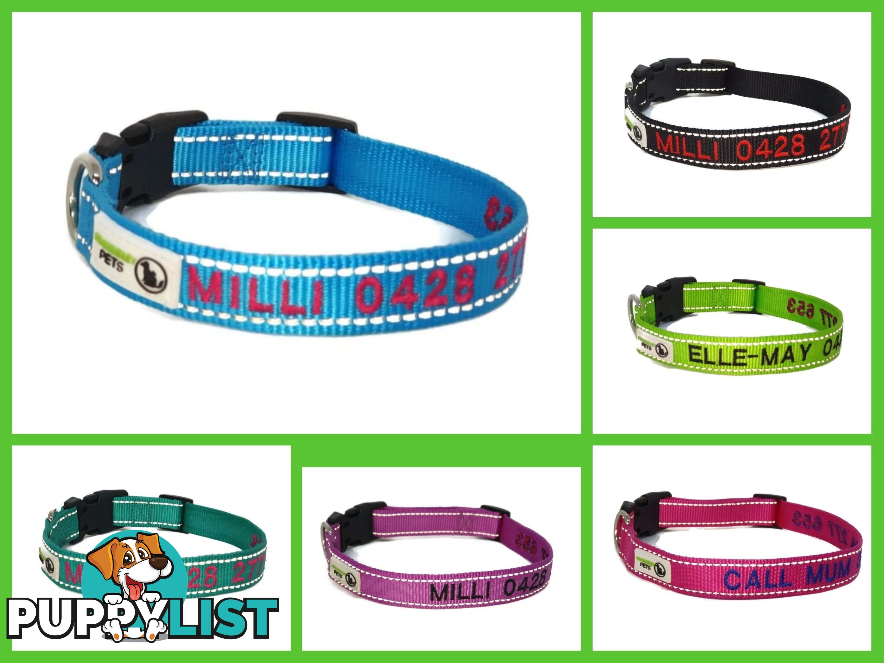 Doggie ID Collar Nylon w/Reflective Stitching Embroidered Personalised Custom. - GC-DIC-031-S-TUR