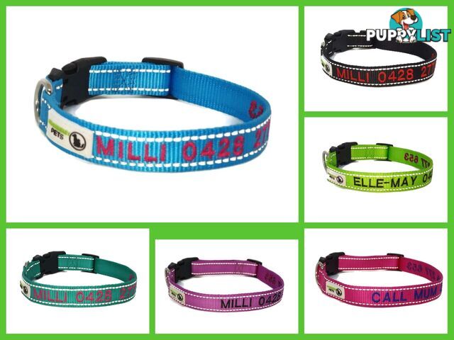 Doggie ID Collar Nylon w/Reflective Stitching Embroidered Personalised Custom. - GC-DIC-031-S-TUR