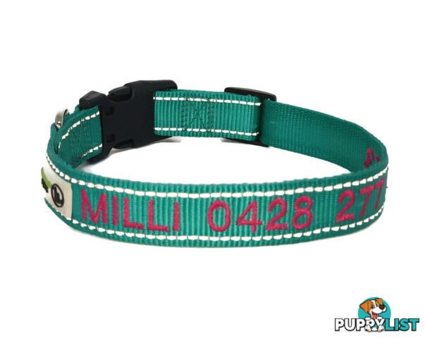Doggie ID Collar Nylon w/Reflective Stitching Embroidered Personalised Custom. - GC-DIC-031-S-TUR