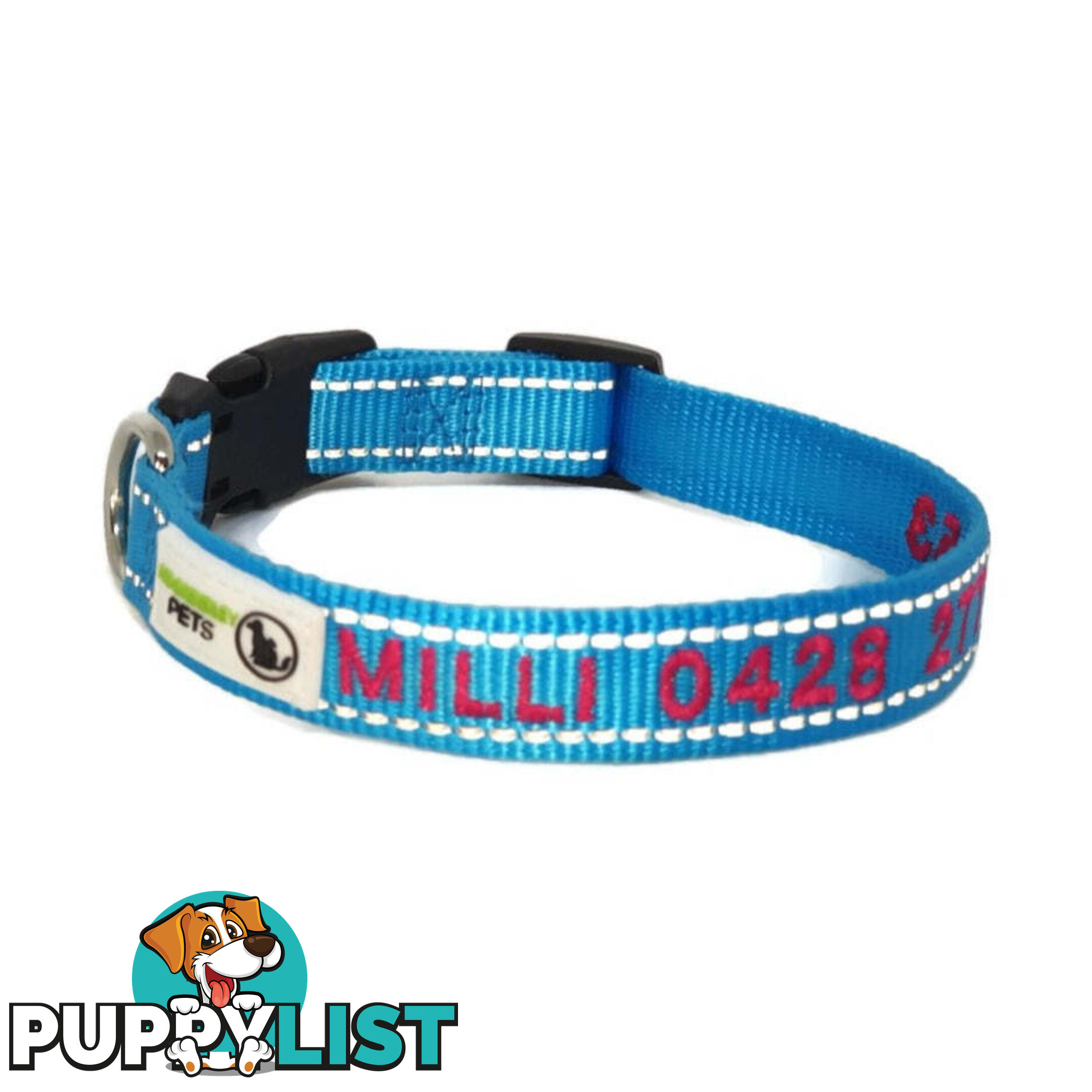 Doggie ID Collar Nylon w/Reflective Stitching Embroidered Personalised Custom. - GC-DIC-031-S-TUR