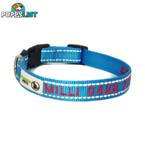 Doggie ID Collar Nylon w/Reflective Stitching Embroidered Personalised Custom. - GC-DIC-031-S-TUR