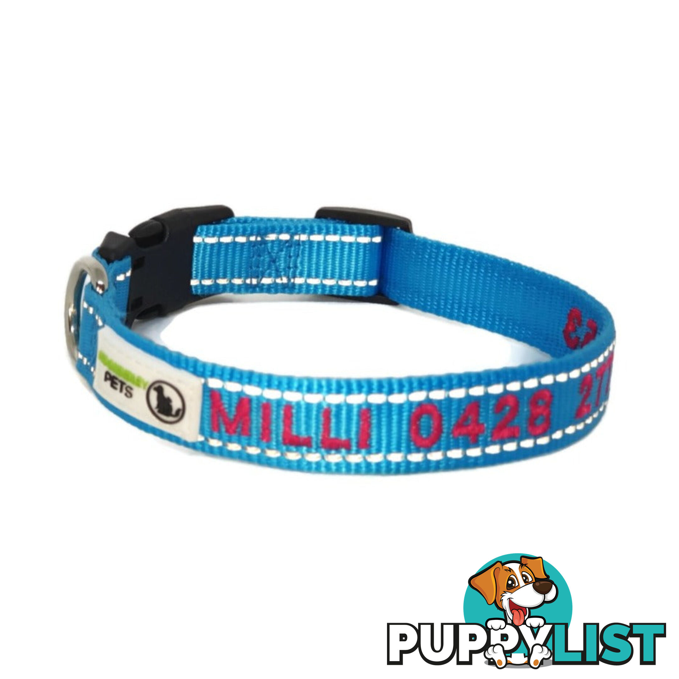 Doggie ID Collar Nylon w/Reflective Stitching Embroidered Personalised Custom. - GC-DIC-031-S-TUR