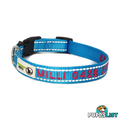 Doggie ID Collar Nylon w/Reflective Stitching Embroidered Personalised Custom. - GC-DIC-031-S-TUR