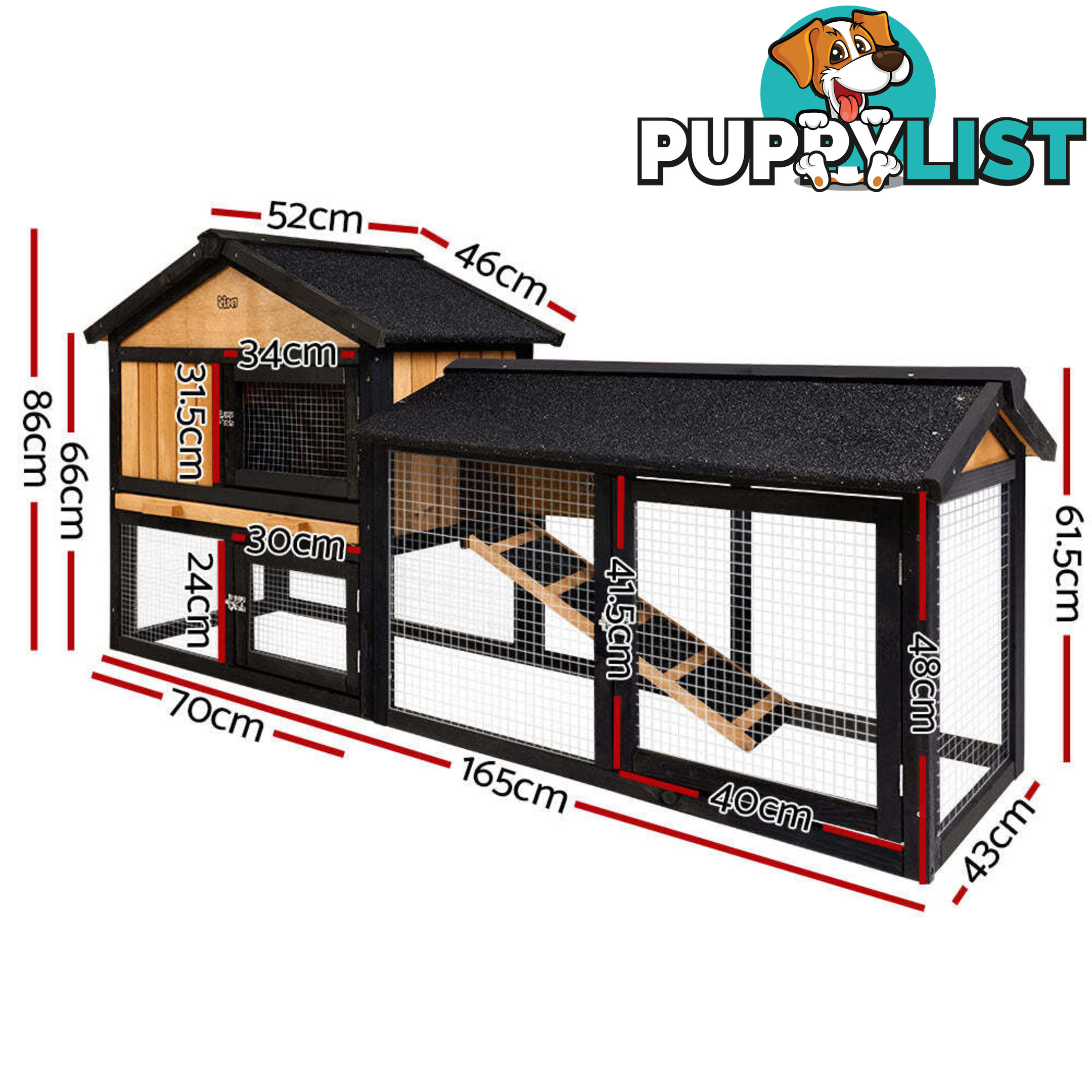 i.Pet Chicken Coop Rabbit Hutch 165cm x 43cm x 86cm Extra Large Run House Cage Wooden Outdoor - PET-GT-R036L-180