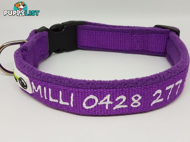 Doggie ID Collar Bamboo Fibre Fleece Padded Personalised Embroidered - CCB-CO-NP5-LNV-NO