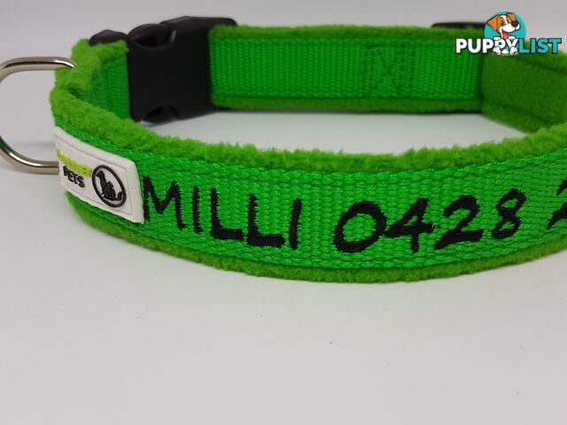 Doggie ID Collar Bamboo Fibre Fleece Padded Personalised Embroidered - CCB-CO-NP5-LNV-NO