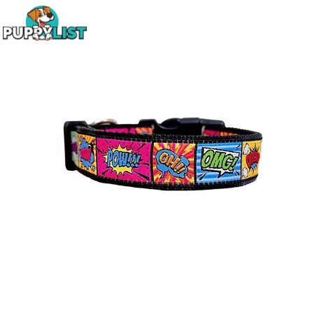 Comic Mania Dog Collar / XS - L - Hand Made by The Bark Side - TBSCOMLGEBLK