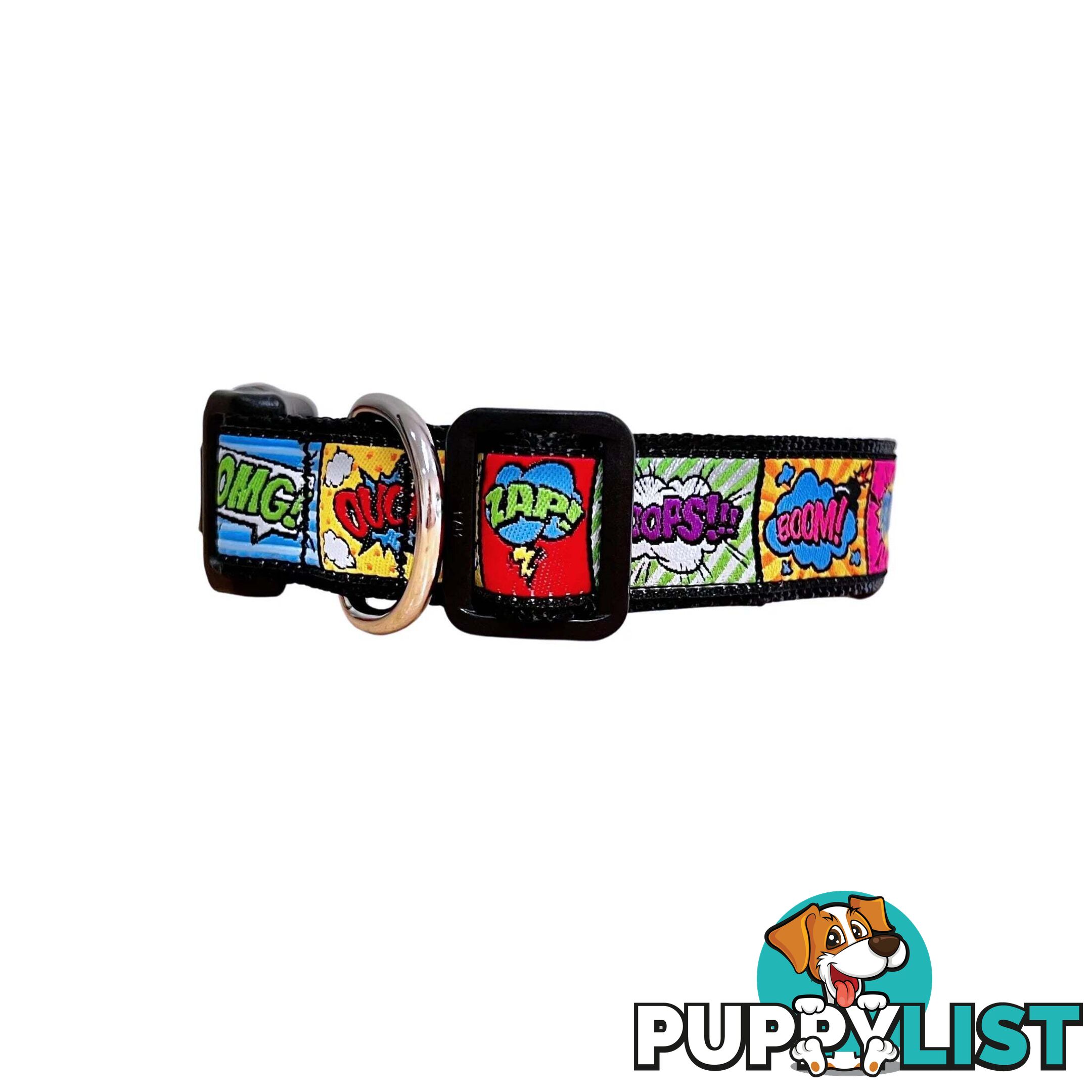 Comic Mania Dog Collar / XS - L - Hand Made by The Bark Side - TBSCOMLGEBLK