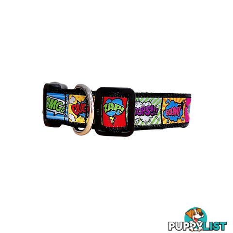 Comic Mania Dog Collar / XS - L - Hand Made by The Bark Side - TBSCOMLGEBLK