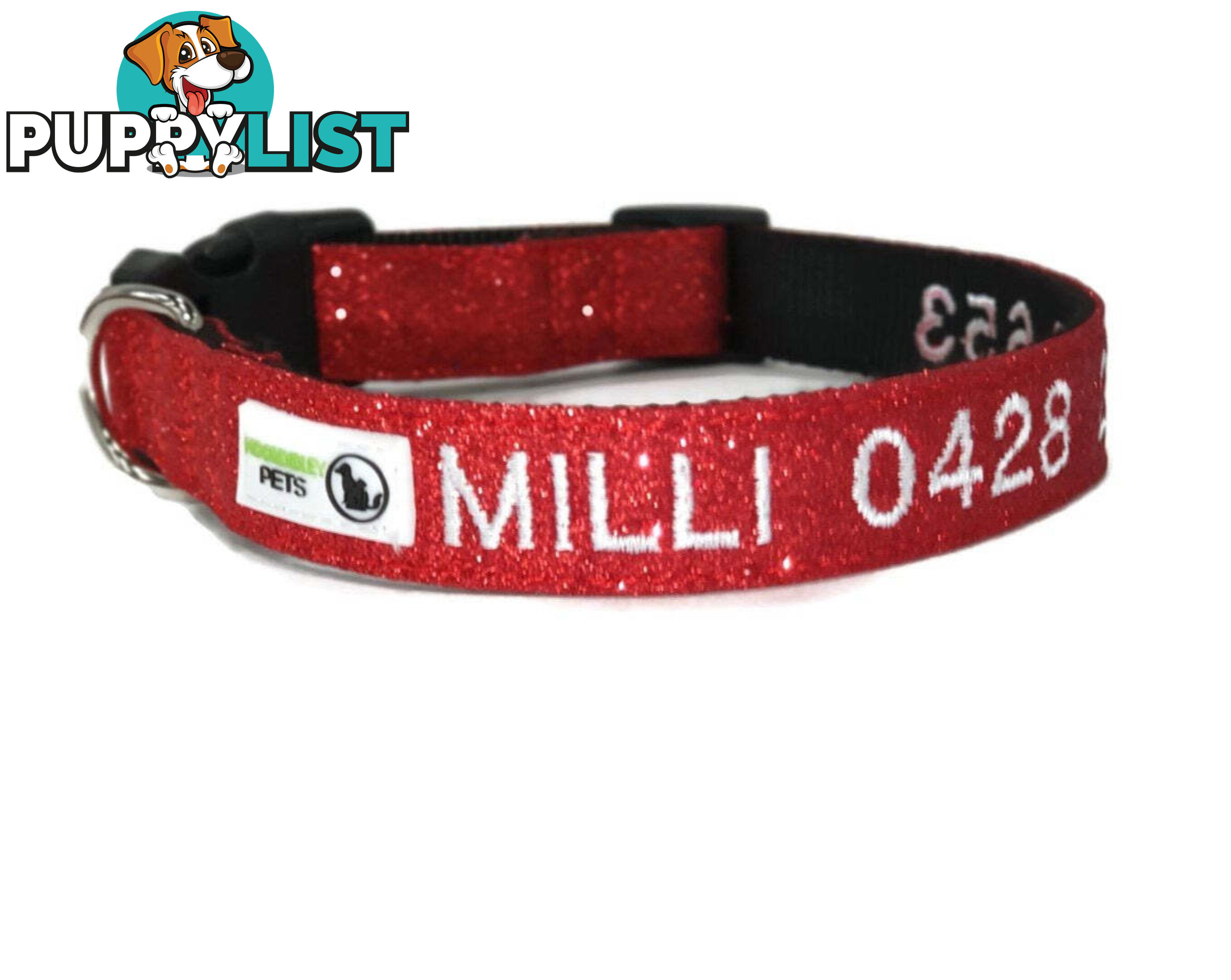 Doggie ID Collar - Bling Glitter Overlay Nylon Collar, Embroidered Personised Custom. - GC-DIC-BLING-L-LPNK